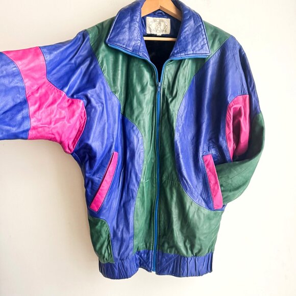 Pano Sereti Multicolor Green Blue Pink Bomber Jacket w Sheared Rabbit Liner S - Picture 4 of 8